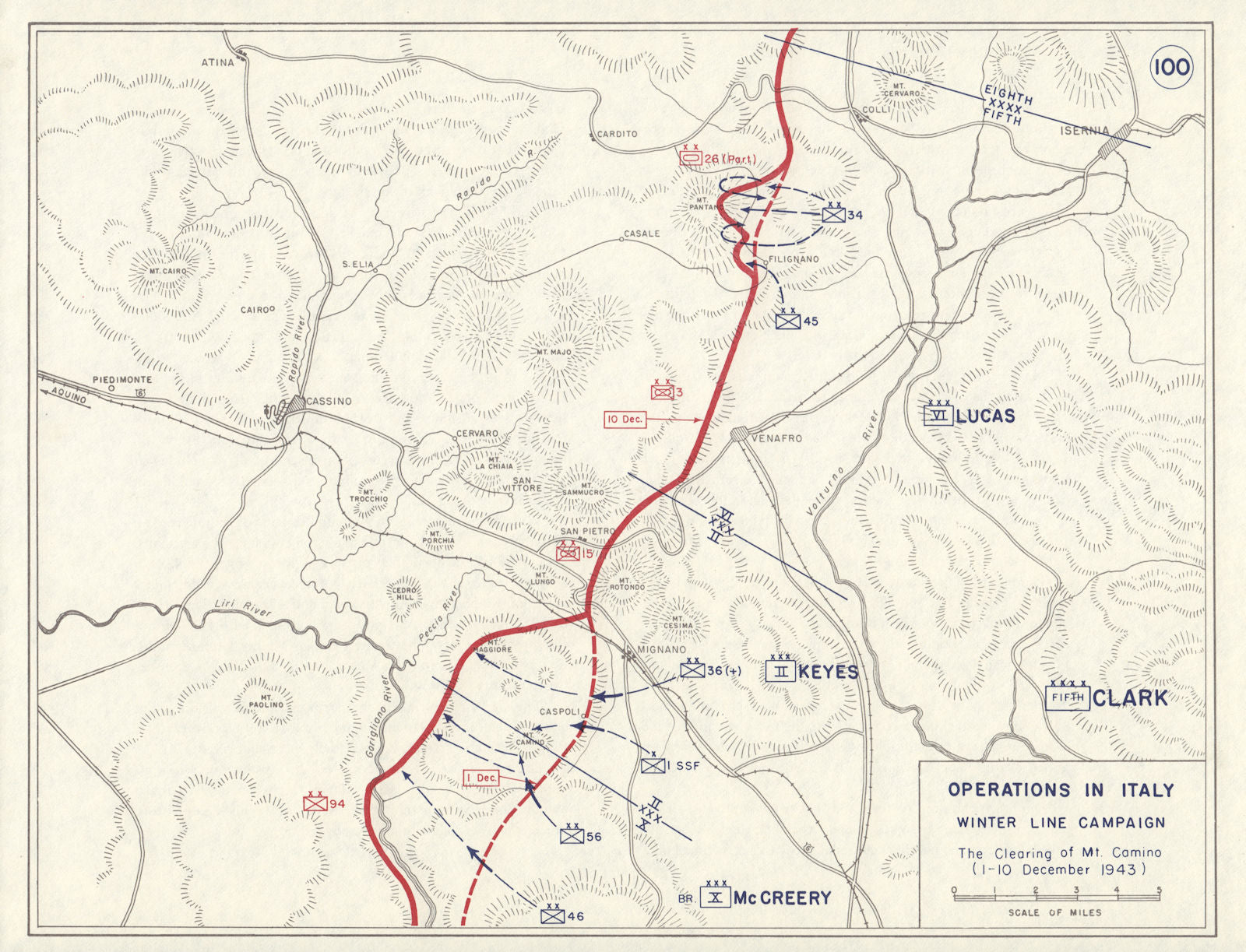 World War 2. Italy. Winter Line Campaign Dec 1943 Clearing Mt. Camino 1959 map
